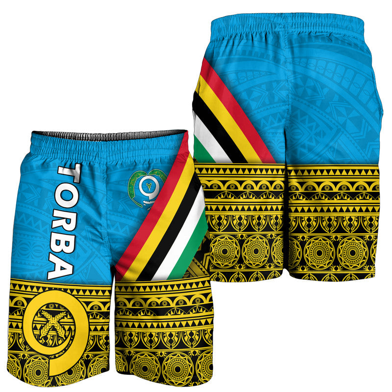 Men's swim shorts in bright blue with Vanuatu flag print and elastic waistband