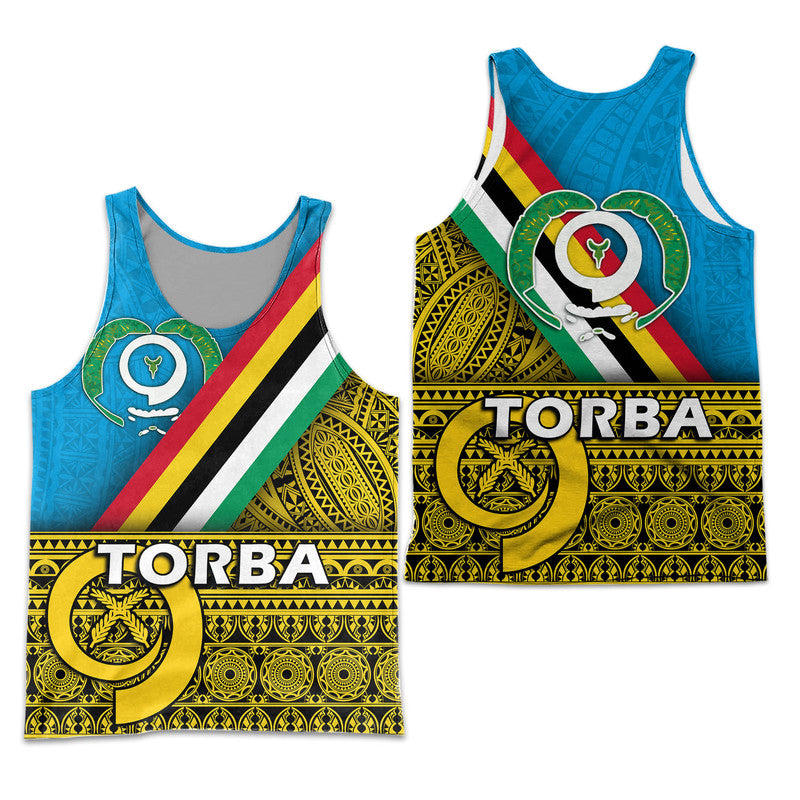 Men's blue tank top with Torba flag graphic, sleeveless crew neck