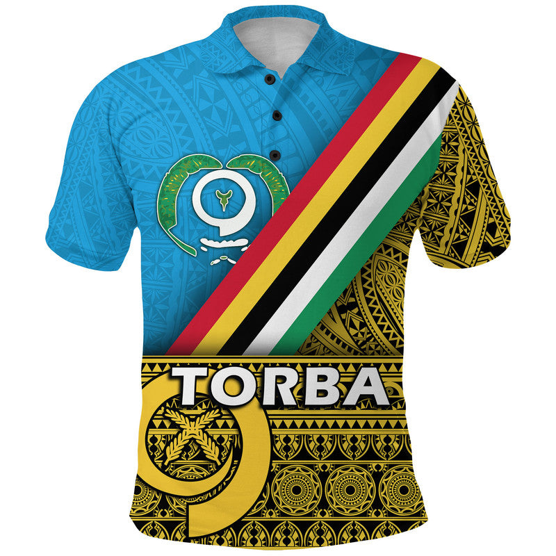 Blue day polo shirt with button collar and Torba graphic front panel in flag colors