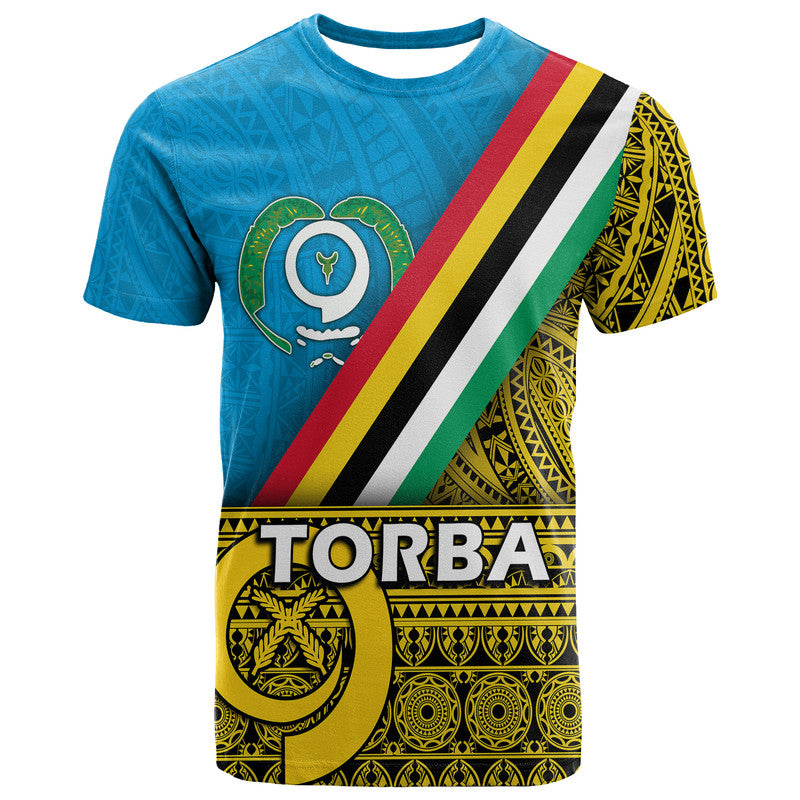 Blue graphic Torba T-shirt with diagonal flag stripe and green emblem on front