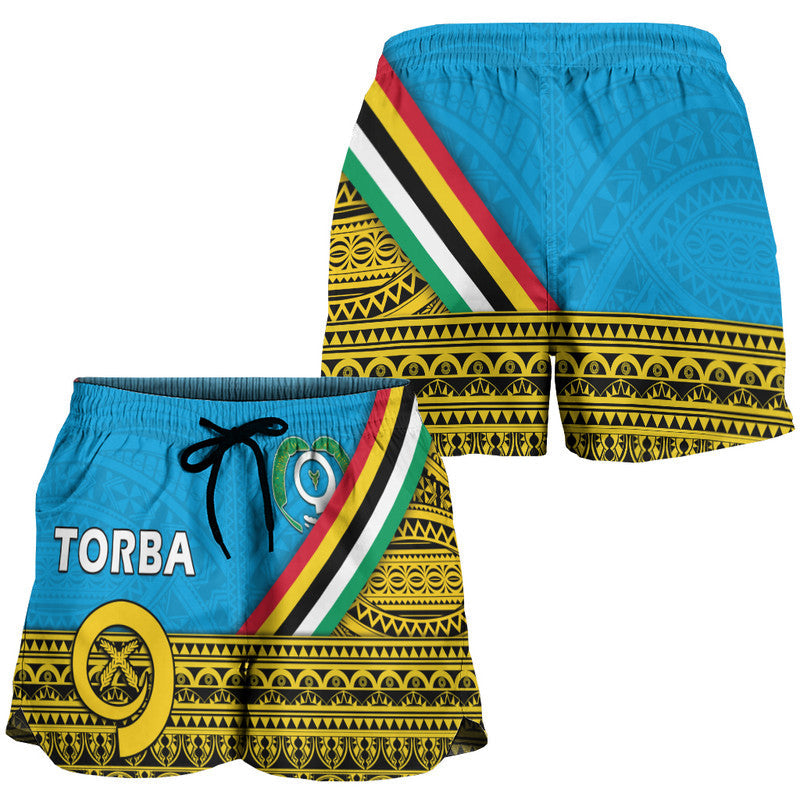 Women’s shorts with blue tribal print, flag stripes, yellow pattern hem, drawstring waist