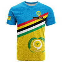 Vanuatu Torba flag style T-shirt with blue, yellow, red, green stripes and emblem print