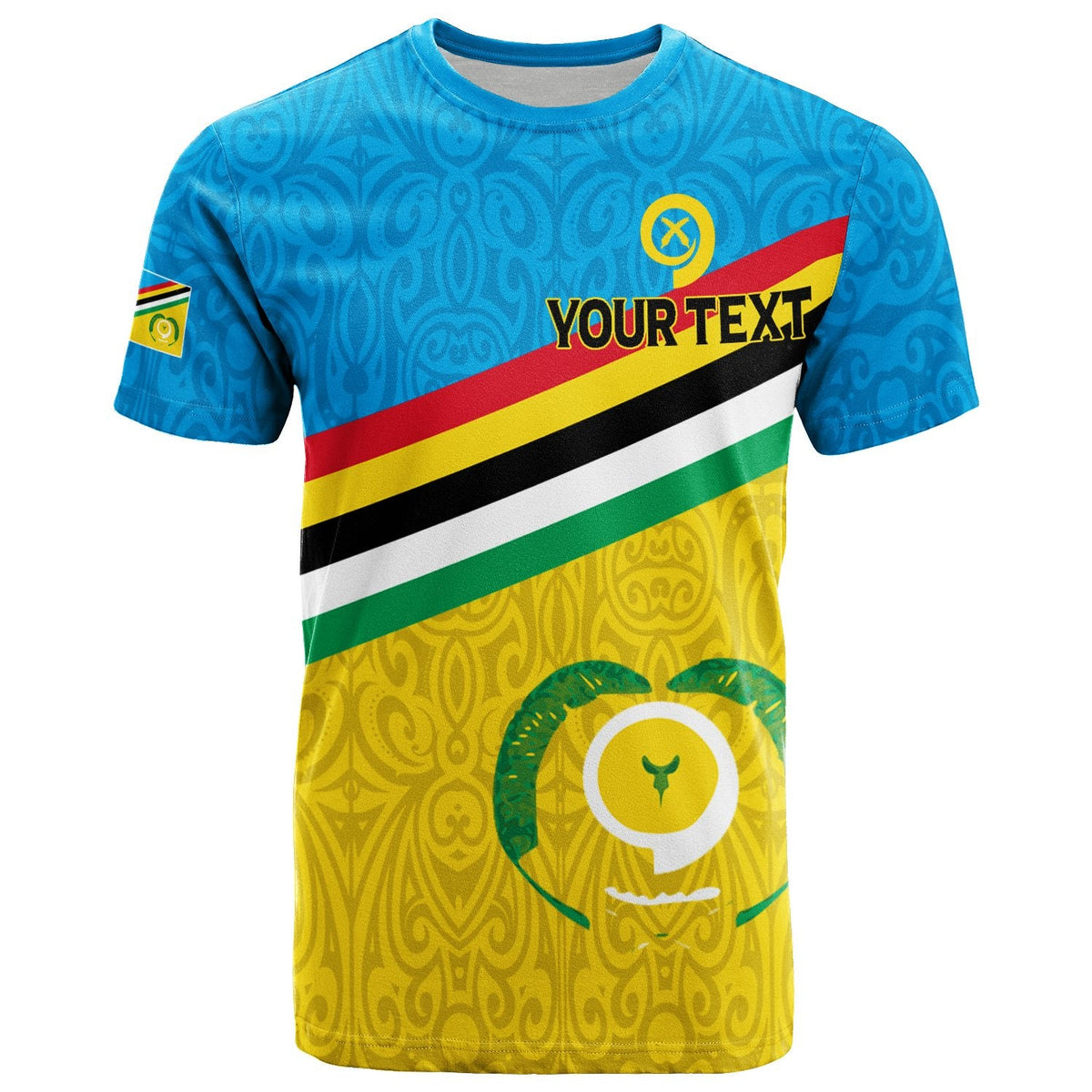 Custom T-Shirt mit Vanuatu Torba-Flag, Vorderseite blau-gelb, eigener Text, Ärmelwappen