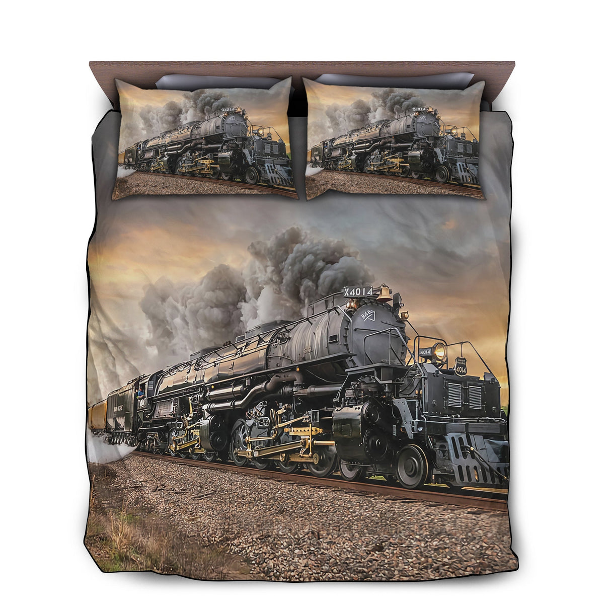 Train-themed bedding set with black steam locomotive duvet cover and 2 matching pillowcases