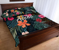 Green tropical quilt bed set with hibiscus flowers and leaf print; 3-piece bed set