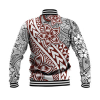 Back view: White retro baseball jacket with Polynesian tribal floral print