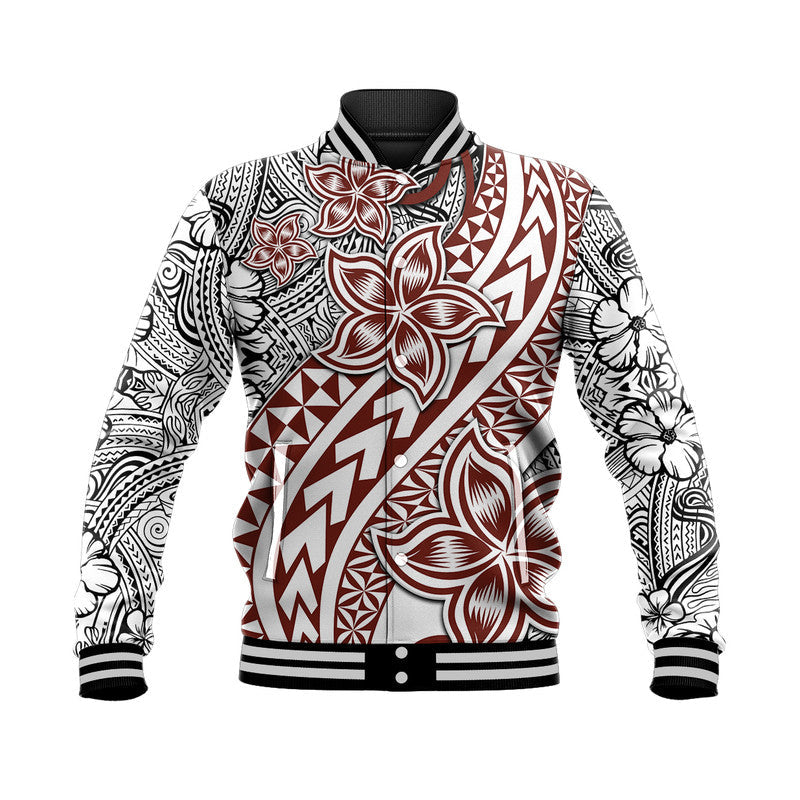 White retro baseball jacket with Polynesian floral tribal print, snap front