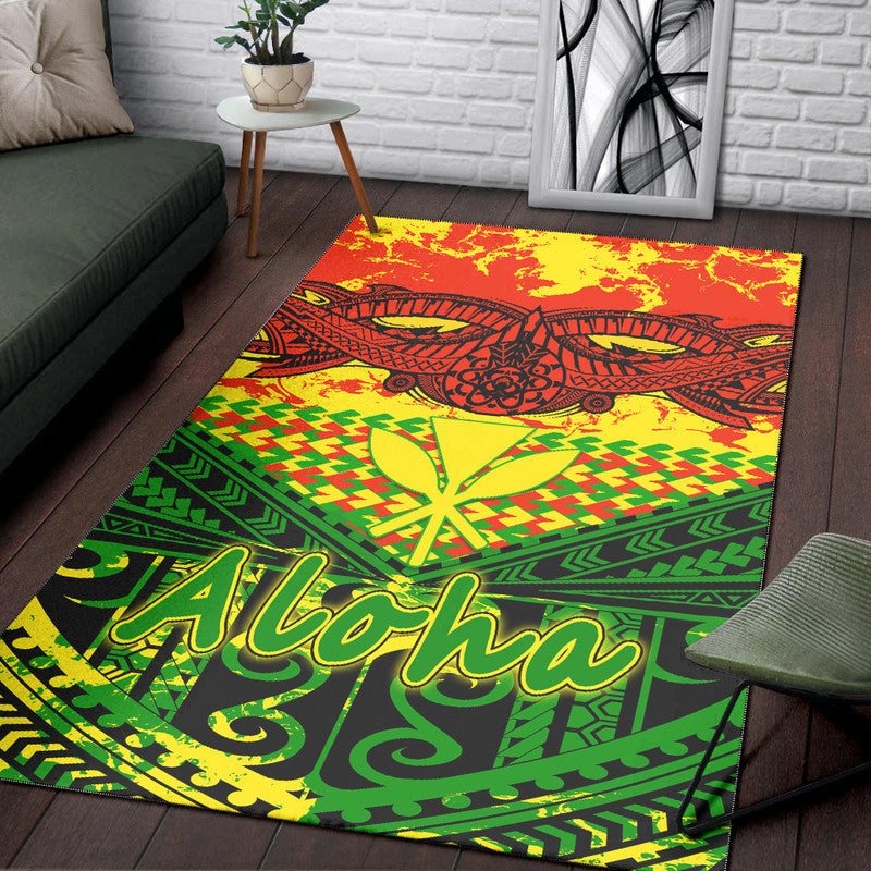 Colorful Hawaiian tribal area rug with 'Aloha' lettering and central leaf design