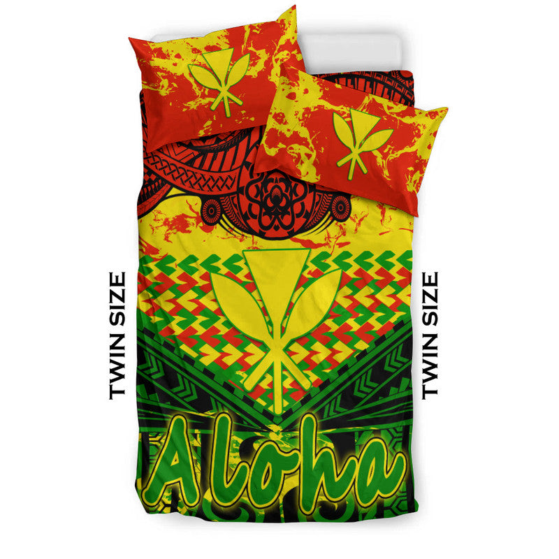 Twin-size tribal Hawaiian bedding set: Aloha print, red/yellow/green geometric, 2 pillows