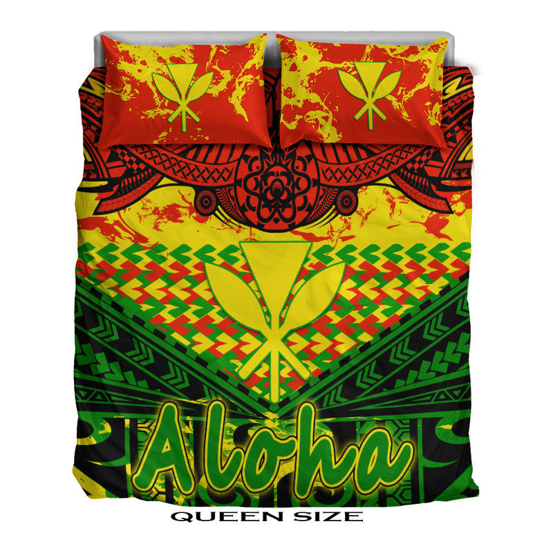 Queen-size tribal Hawaiian bedding set: Aloha print, red/yellow/green geometric, 2 pillows