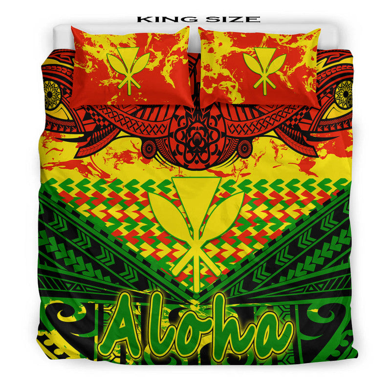 King-size tribal Hawaiian bedding set: Aloha print, red/yellow/green geometric, 2 pillows