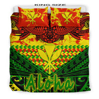 King-size tribal Hawaiian bedding set: Aloha print, red/yellow/green geometric, 2 pillows