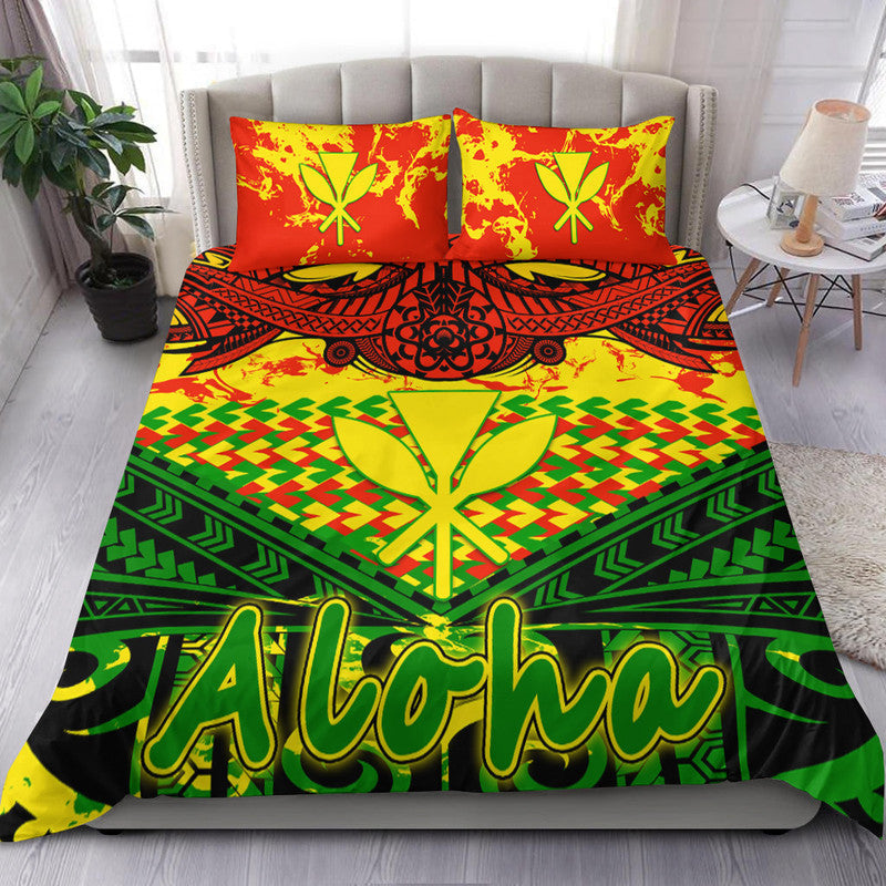 Tribal Hawaiian bedding set: Aloha print, red/yellow/green geometric, 2 pillows