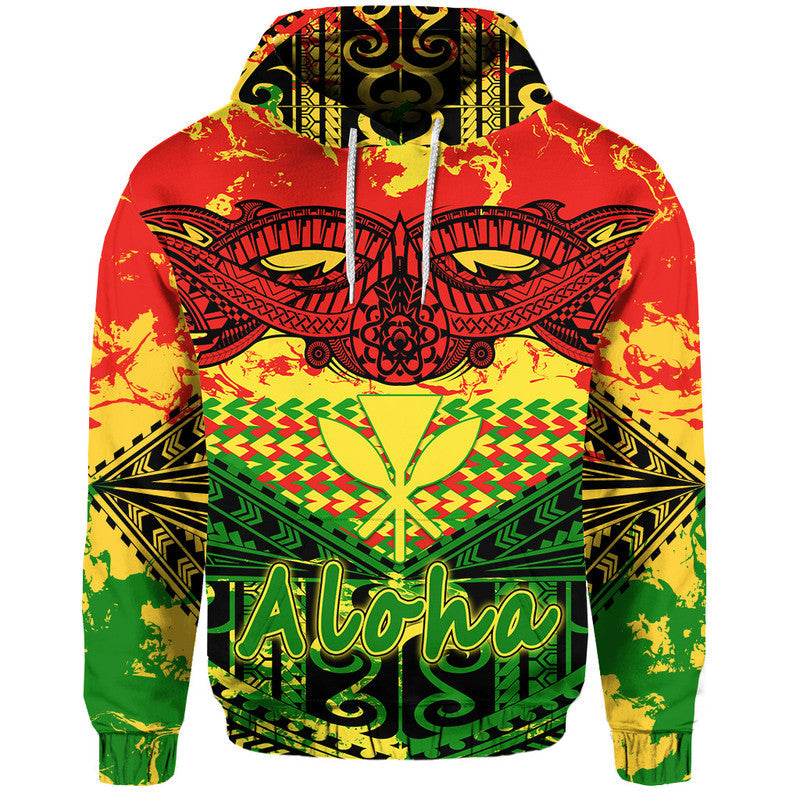 Hawaiian tribal pullover hoodie with red, green, yellow front graphic and 'aloha' text