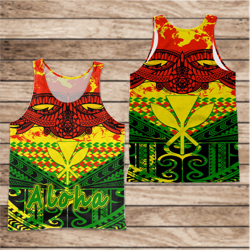 Men's yellow-red-green tribal print tank top with V-shaped center graphic and 'Aloha' text