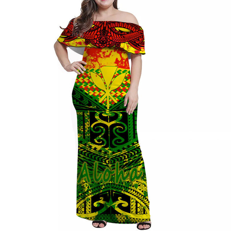 Womens off-shoulder maxi dress with red, yellow, and green tribal print
