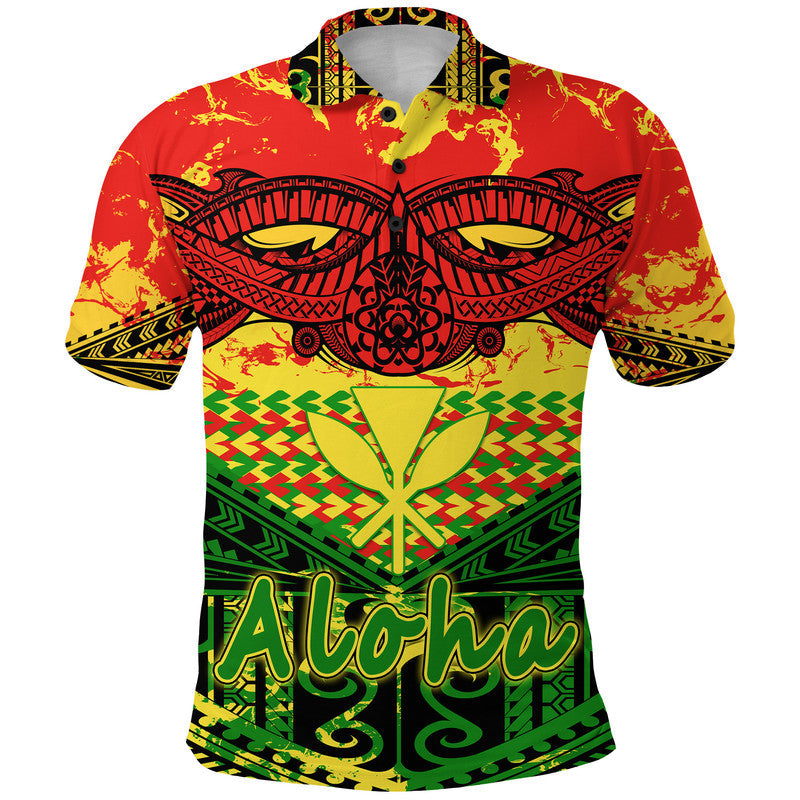 Red polo shirt with multicolor tribal graphic, buttoned collar