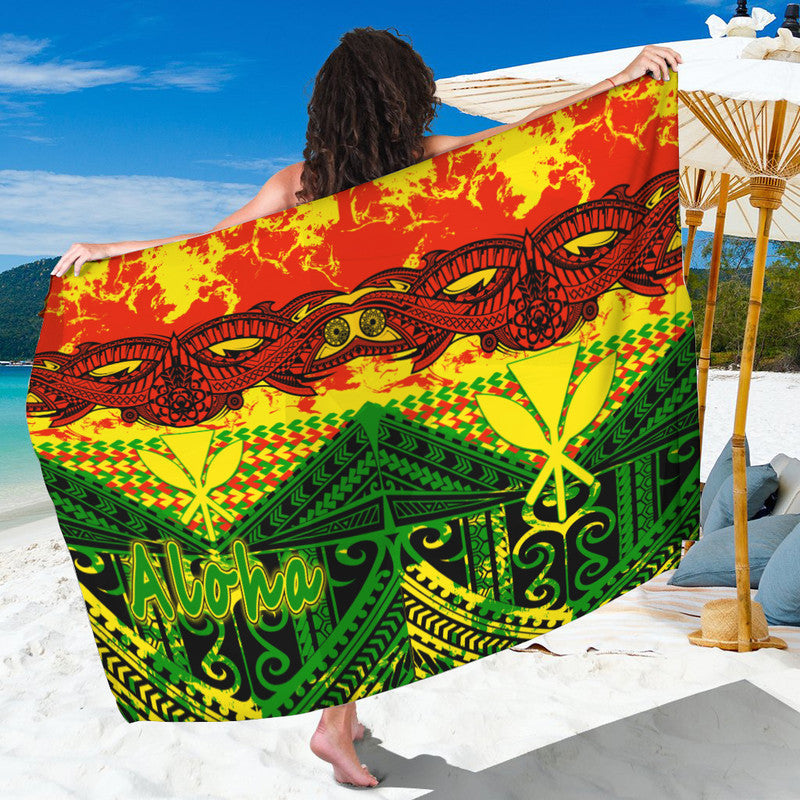 Hawaiian-style sarong with red, yellow and green tribal print