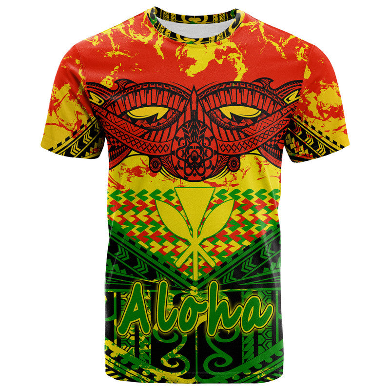 Tribal Aloha T-shirt with red/yellow/green and black eye and floral print