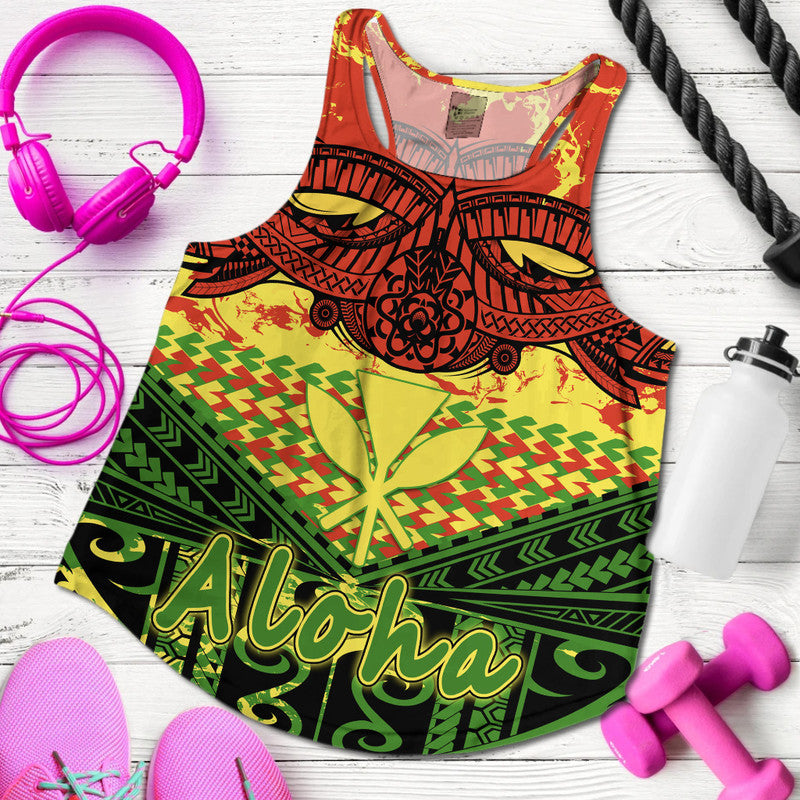 Women’s racerback tank with colorful tribal print, red yellow green