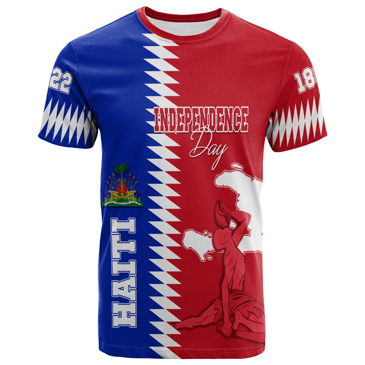Haiti Independence Day T-shirt, red and blue with independence graphic and zigzag stripe