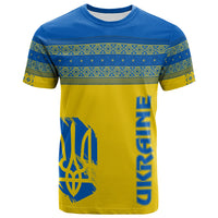 Folk style T-shirt in blue and yellow with trident graphic