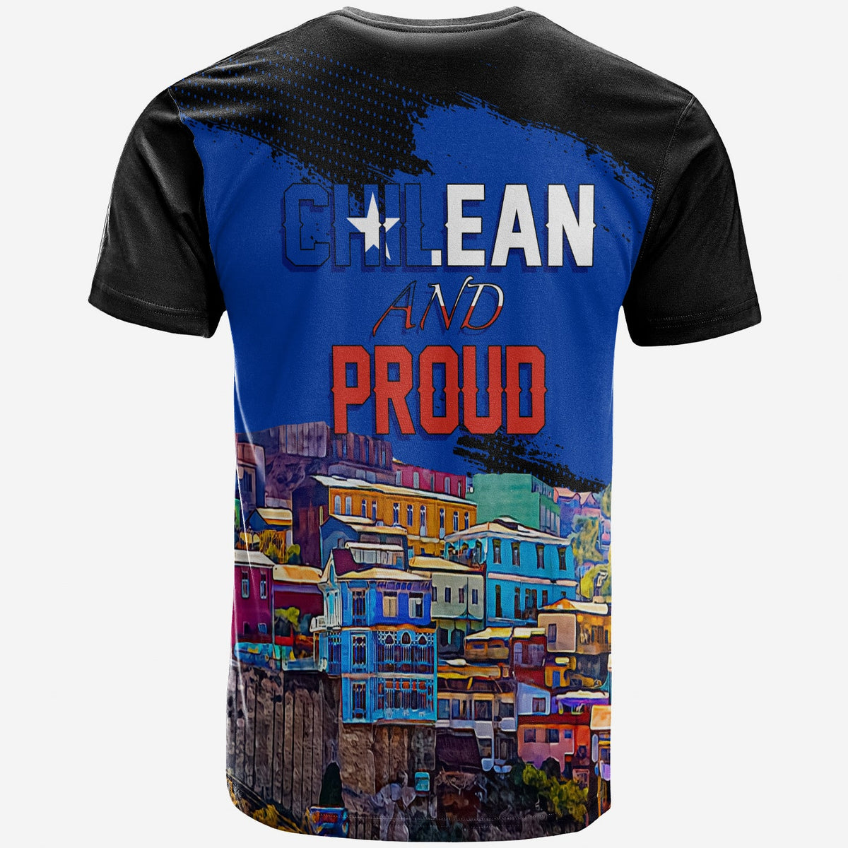 Black back of Chile T-shirt with CHILEAN and PROUD text over skyline