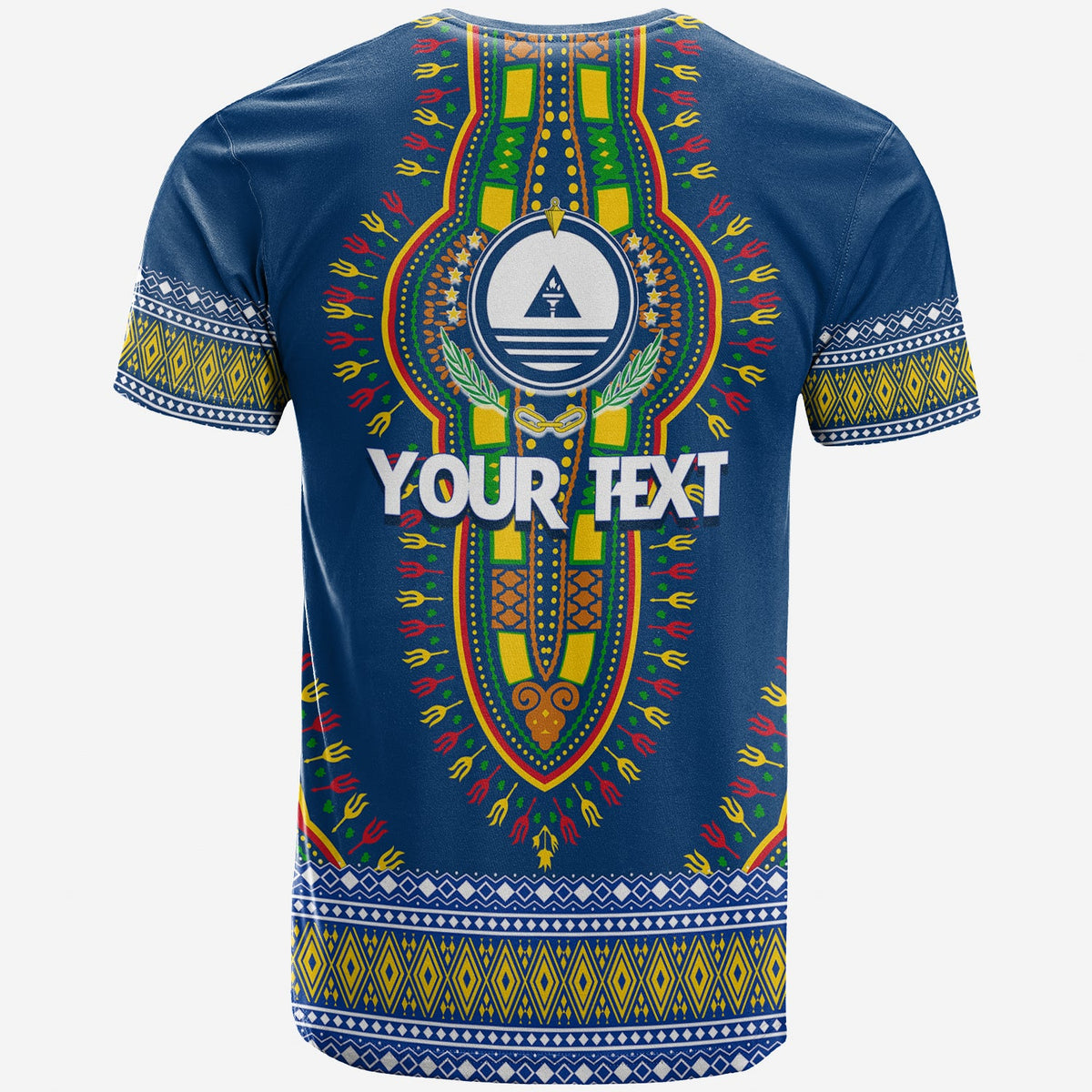 Blue dashiki T-shirt back with central emblem and placeholder "Your Text" design