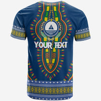 Blue dashiki T-shirt back with central emblem and placeholder "Your Text" design