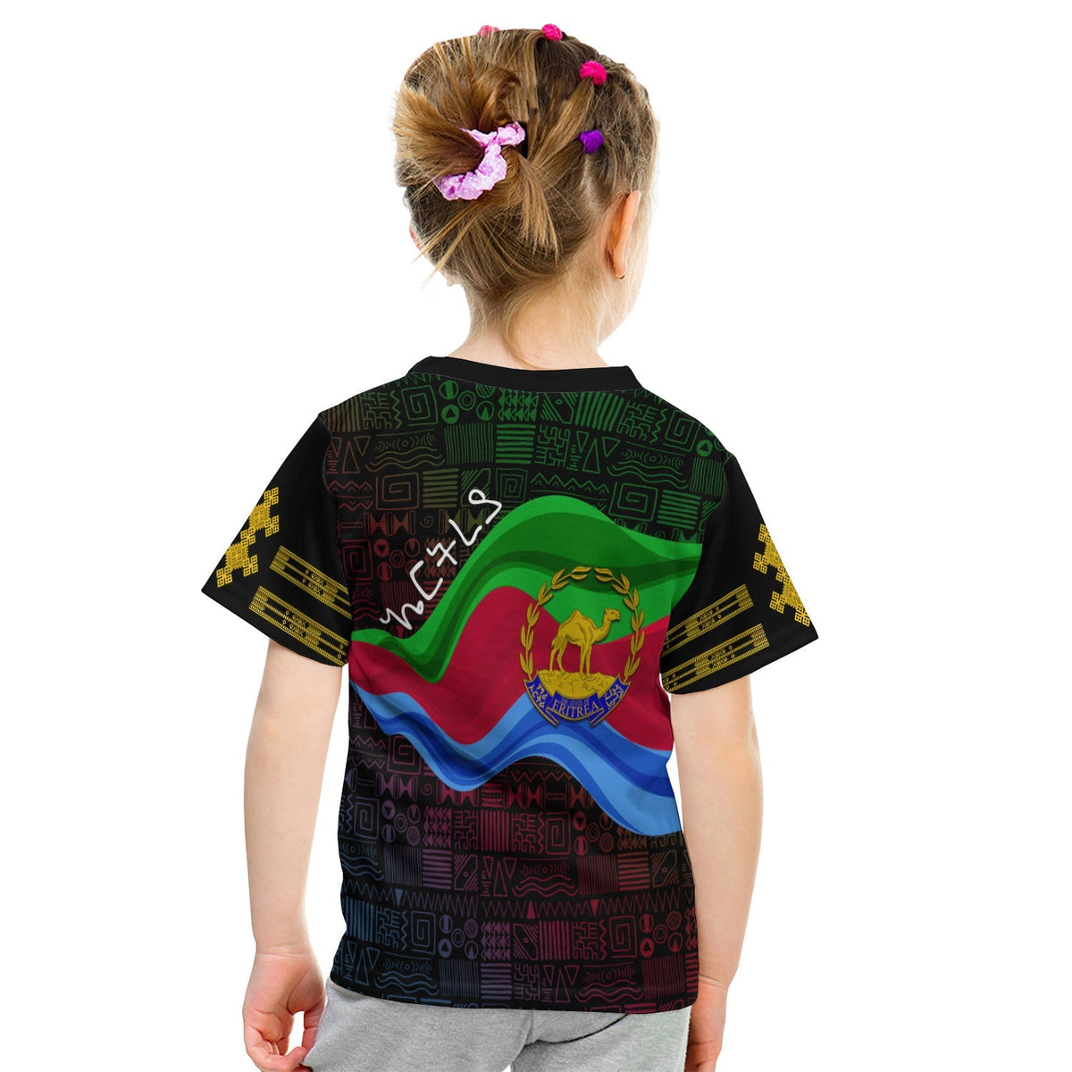 Kids black T-shirt back with Eritrea flag crest and laurel emblem
