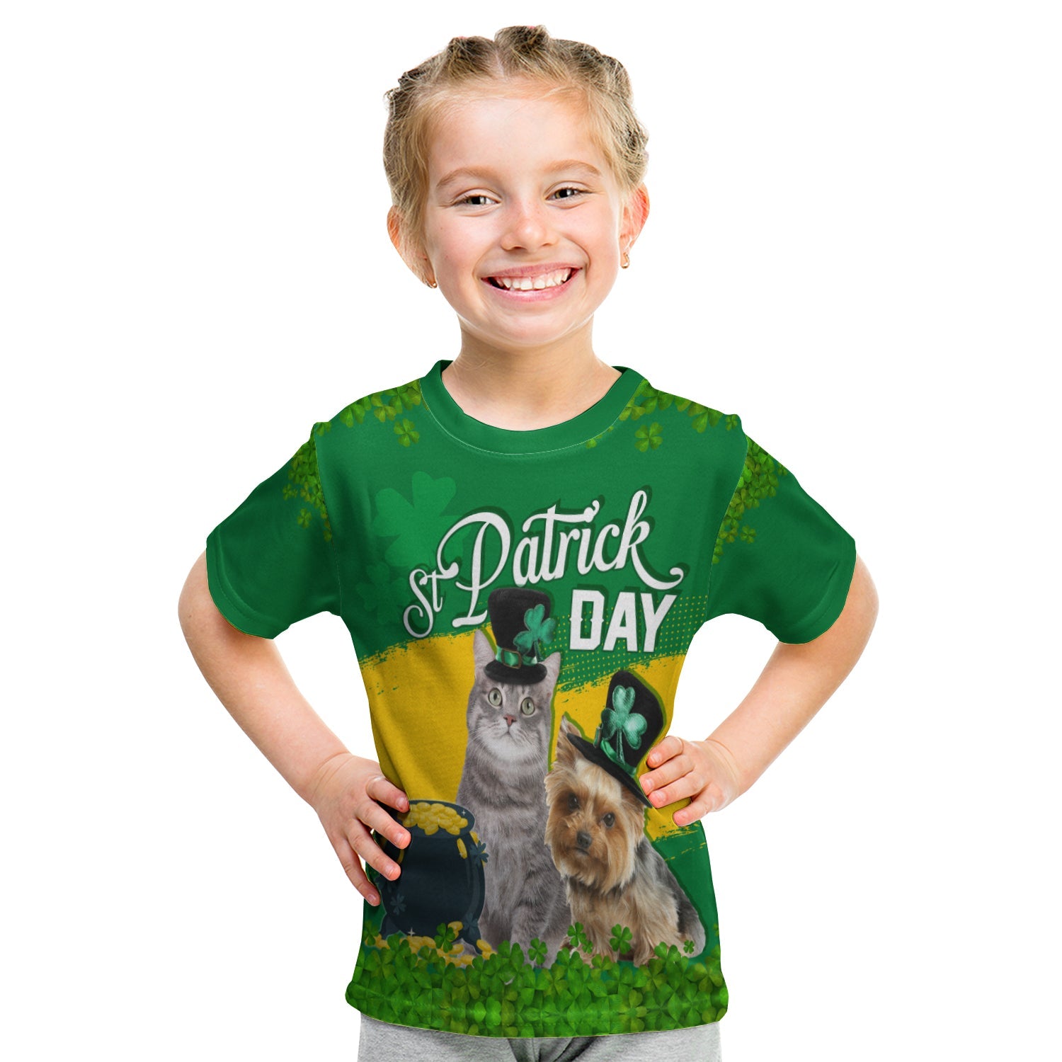 Happy St.Patrick Day Green KID T shirt Pets in Leprechaun Hat - Wonder Print Shop