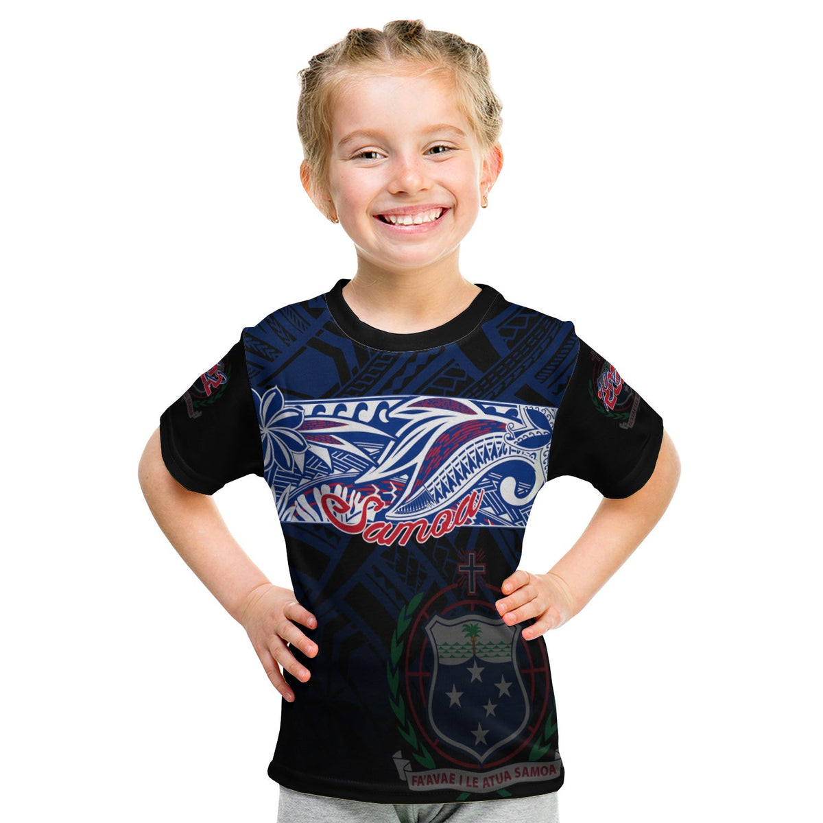 Kid black Samoa 60th independence anniversary T-shirt, blue front graphic with shield