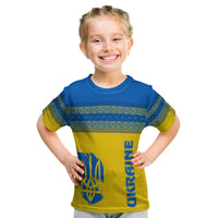 Kids t-shirt, blue-and-yellow folk design with 'UKRAINE' graphic on front