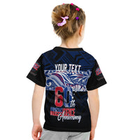 Kid black back T-shirt with blue tribal print, “YOUR TEXT” and 6th anniversary text