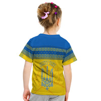 Kids t-shirt, blue-and-yellow folk design with 'UNITY DAY' graphic on back