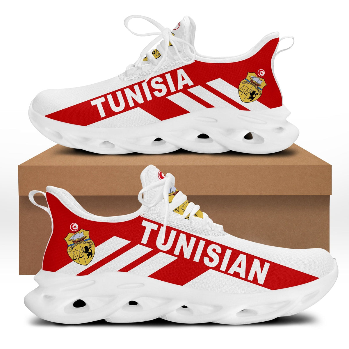 White clunky sneakers with red Tunisia stripe graphic, white laces and chunky sole
