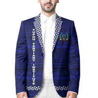 Blue unisex blazer with bold geometric stripe print and white/blue trim detail