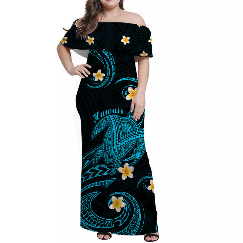 Women off-shoulder long dress, black with turquoise turtle and flower print