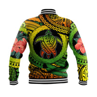 Back view baseball jacket with large turtle eye graphic and tropical floral print, ribbed hem