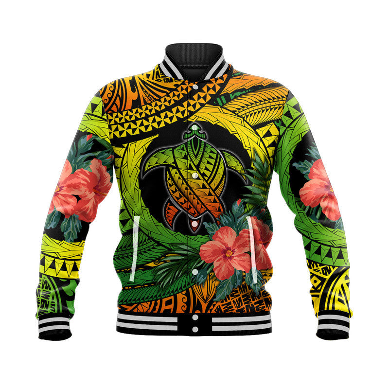 Baseball jacket with bold tropical turtle hibiscus print, black ribbed collar & cuffs