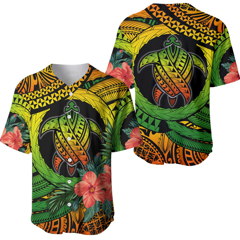 Tropical turtle baseball jersey with hibiscus flowers, green/yellow/orange graphics, button V-neck