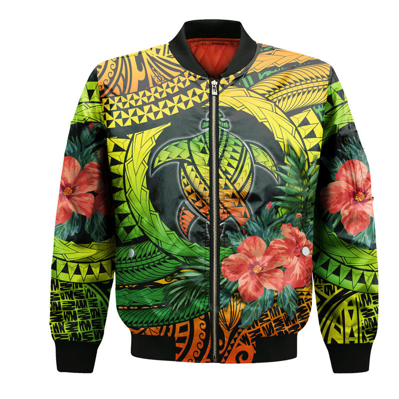 Unisex bomber jacket with colorful turtle and hibiscus graphic, black ribbed cuffs