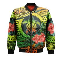 Unisex bomber jacket with colorful turtle and hibiscus graphic, black ribbed cuffs
