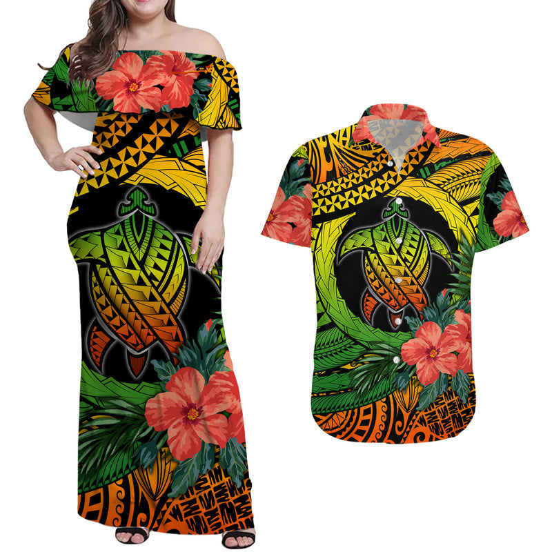 Off-shoulder maxi dress with green turtle, red hibiscus, and tropical geometric print