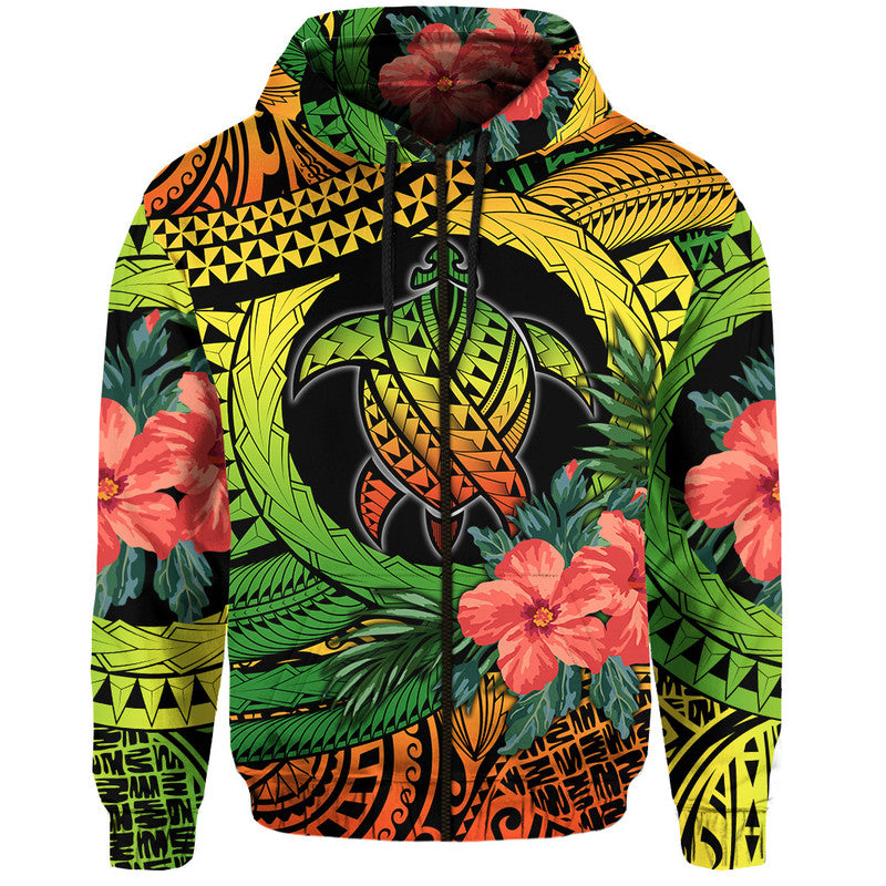 Pullover hoodie with large circular turtle emblem, floral accents, and bold tribal patterns