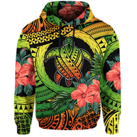 Pullover hoodie with green and yellow Polynesian turtle graphic and hibiscus flowers