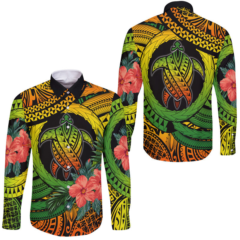 Long-sleeve button shirt with large turtle graphic, green, yellow, orange floral pattern