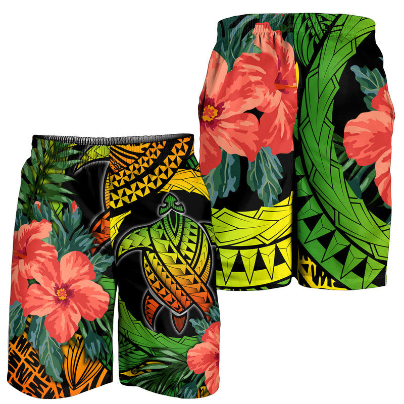Men's tropical shorts with turtle and hibiscus print, elastic waistband