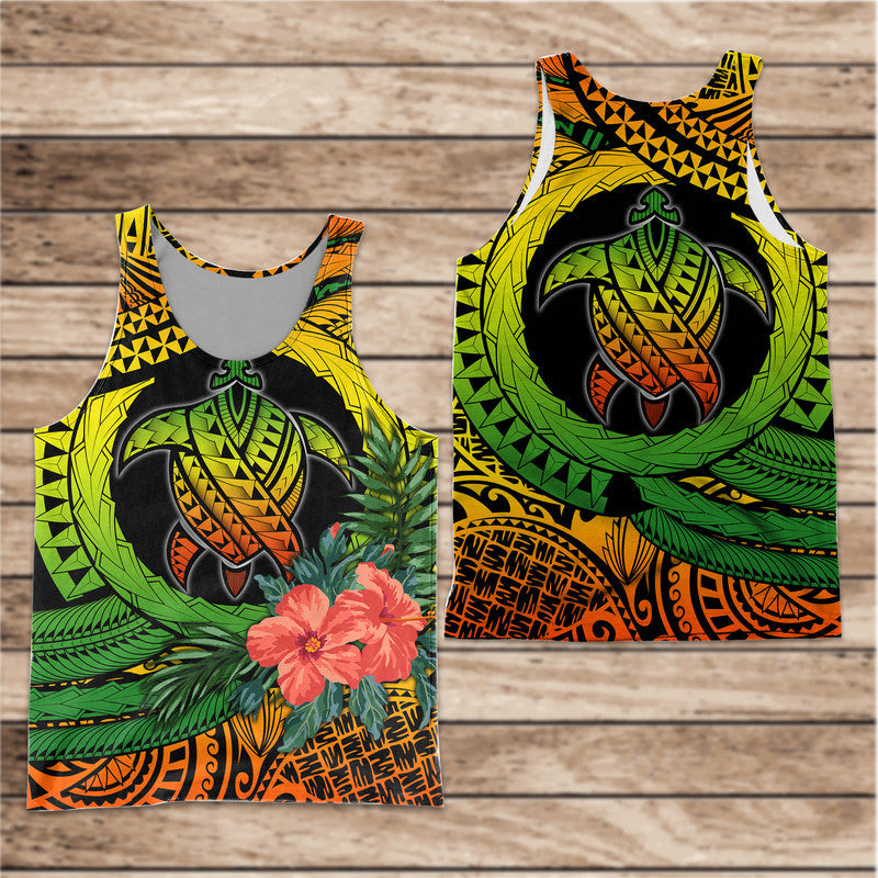 Men's tank top with green and yellow turtle and hibiscus graphic, black trim