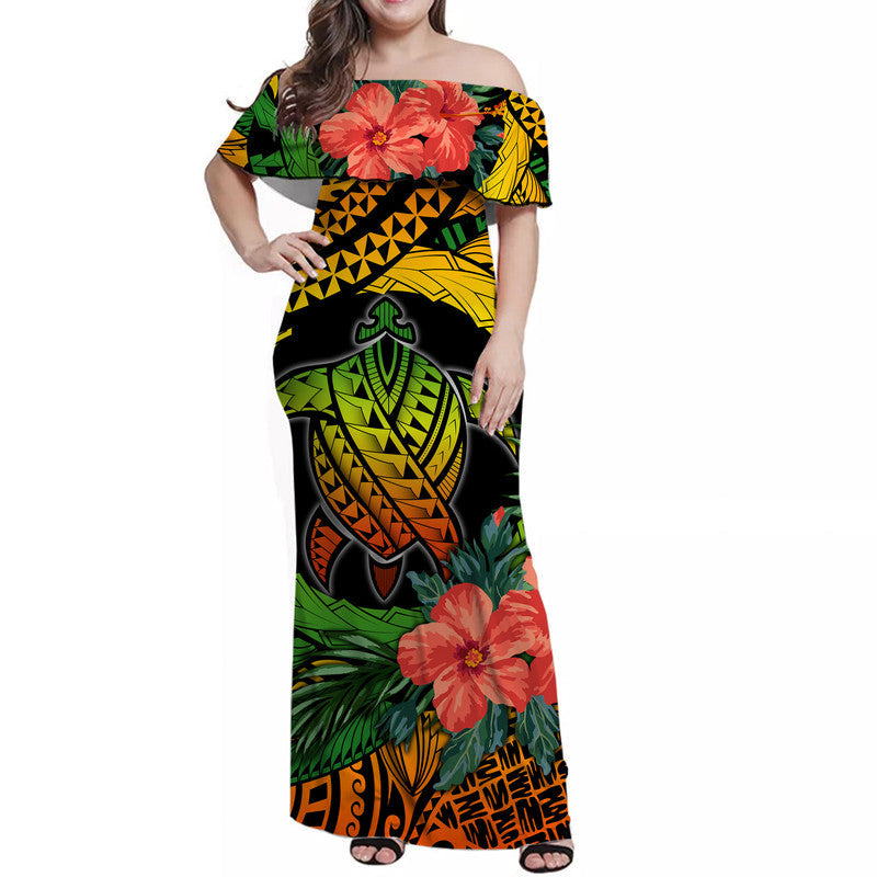 Women’s off-shoulder long dress with turtle and hibiscus tropical print, black base